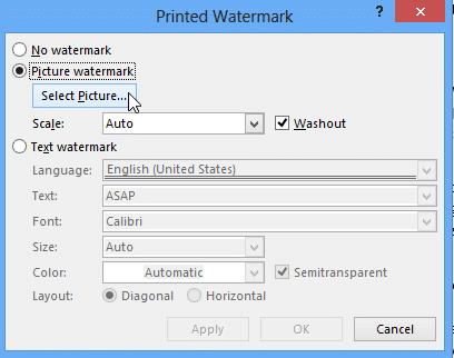 एक इभ ज क उऩम ग कयन च हत ह, त Design Tab ऩय ज थत Watermark option ऩय जक रक कय औय Custom Watermark