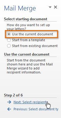 कय ) सफस ऩहर एक भ ज द Word Document ख र, म एक New Document फन ए Mailings tab स, Start Mail Merge command ऩय Click कय औय ड र ऩ-ड उन भ न स Step by Step Mail Merge Wizard क चमन कय Mail Merge Pane ददख ई