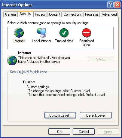 IE Tools Internet Options Security Custom Level