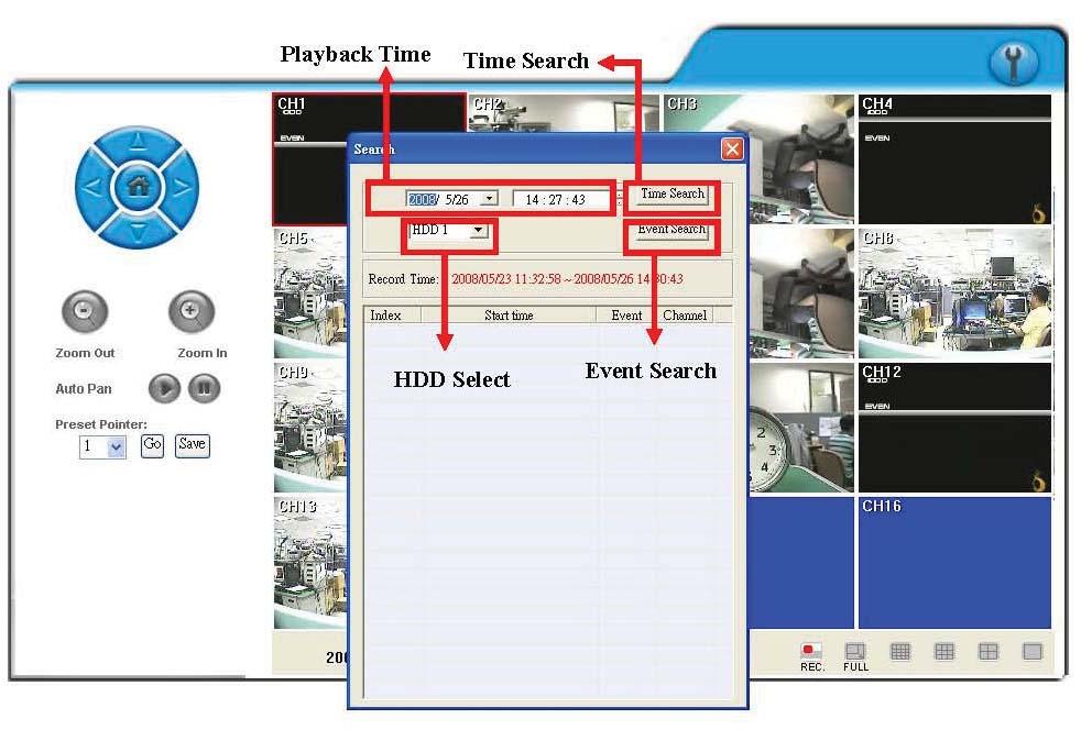 PLAYBACK by TIME SEARCH & EVENT SEARCH/ A. HDD Select/ HDD HDD 1 2 B.