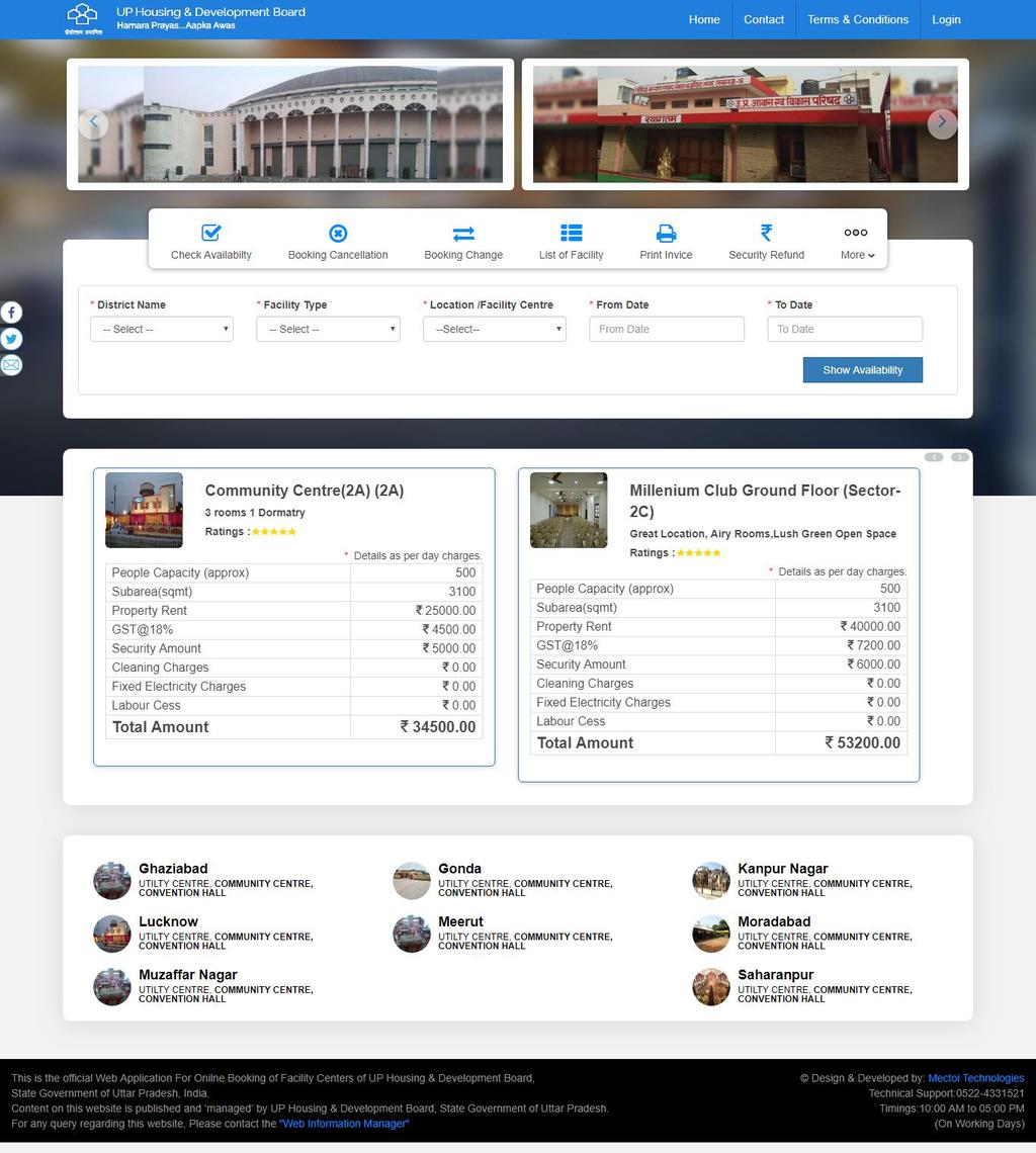 On home page you can see images of facility centre and booking menus.on the right most corner is the login for employees.