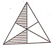 28. An equilateral triangle is divided into six equal parts, how much of the original triangle is