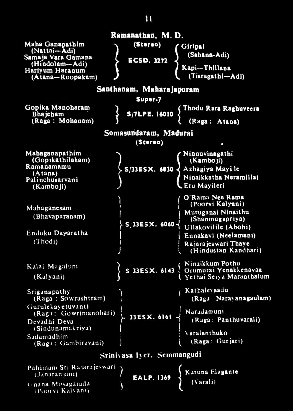 (Atana) Palinchusarvani (Kamboji) Mahaganesam (Bhavaparanam) Enduku Dayaratha (Thodi) 11 Super-7 i( Thodu Rara Raghuveera S/7LPE. 16010 J (. (Raga: Atana) Somasundaram, Madurai!